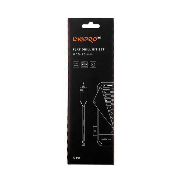 Flat Wood Drill Bit Set Dnipro-M 10 pcs., 10-25 mm, with Extension, with Cover